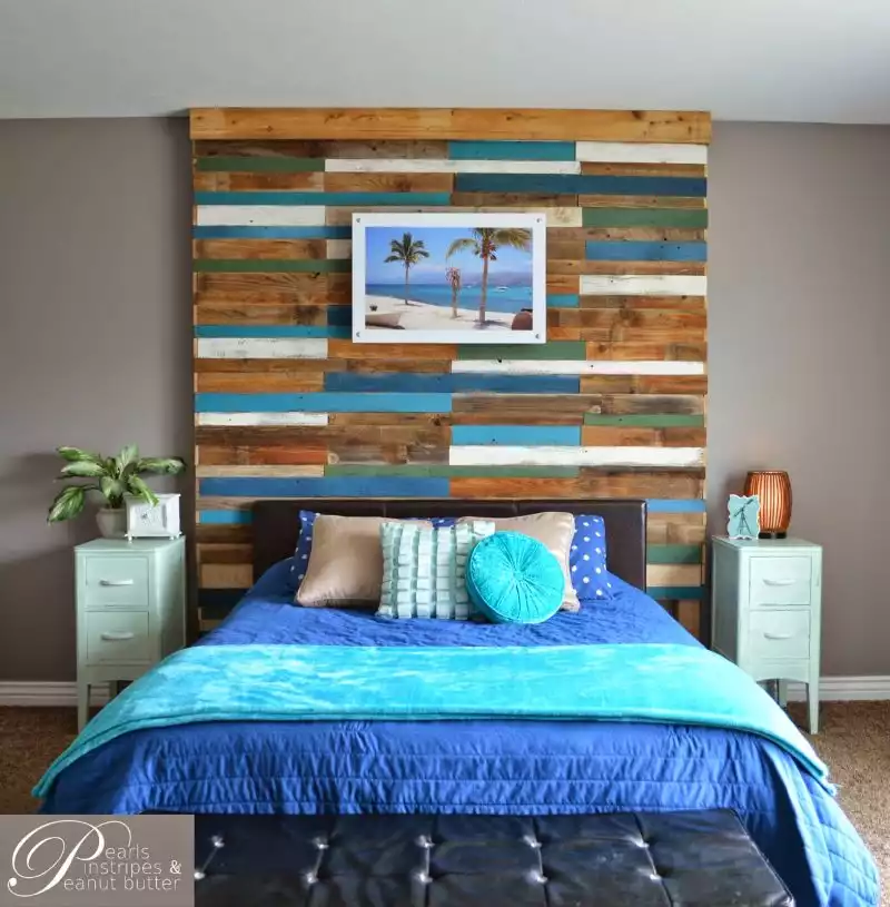 Mismatched wood strip headboard