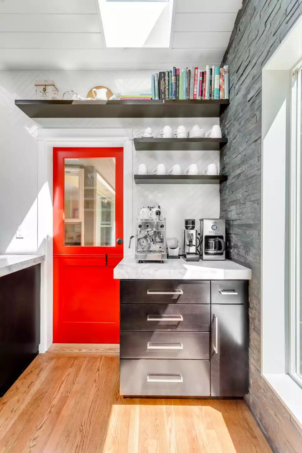 Modern kitchen red dutch door window