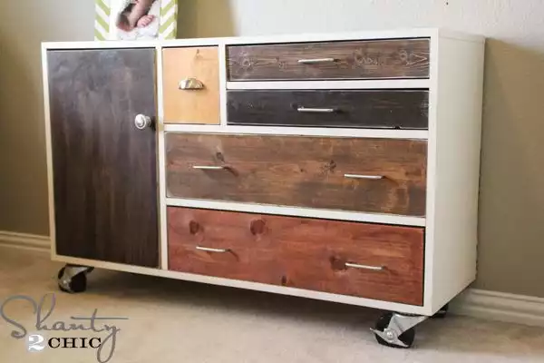 A mismatched design for a dresser on wheels 
