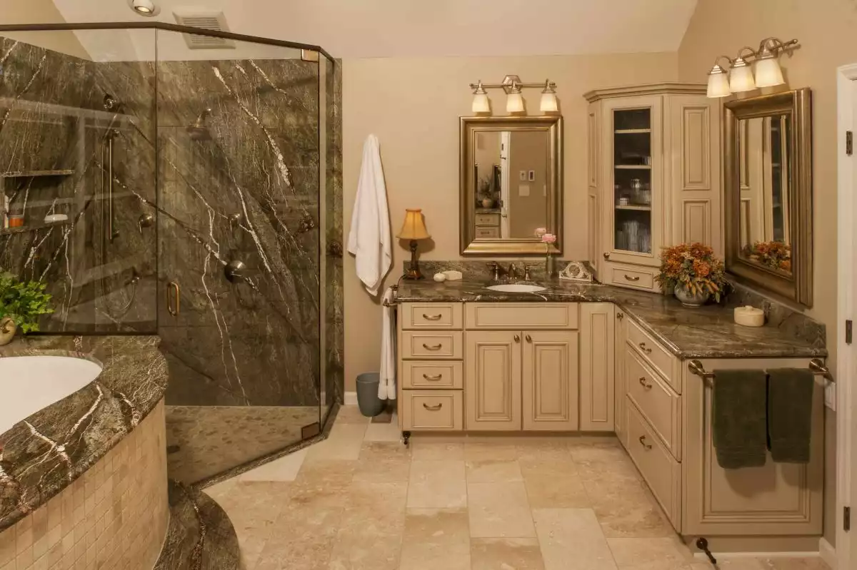 Neutral bathroom with corner vanity