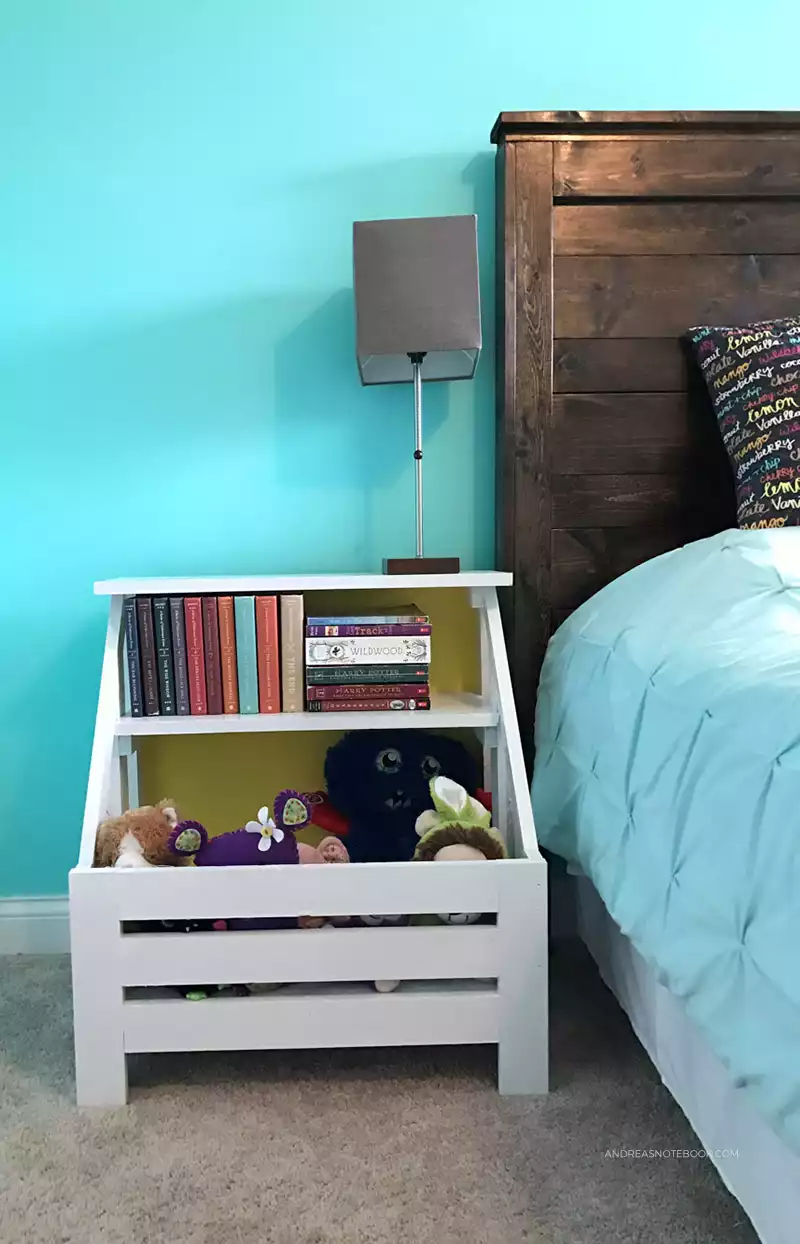 A bookshelf-toy box combo turned into a unique nightstand 