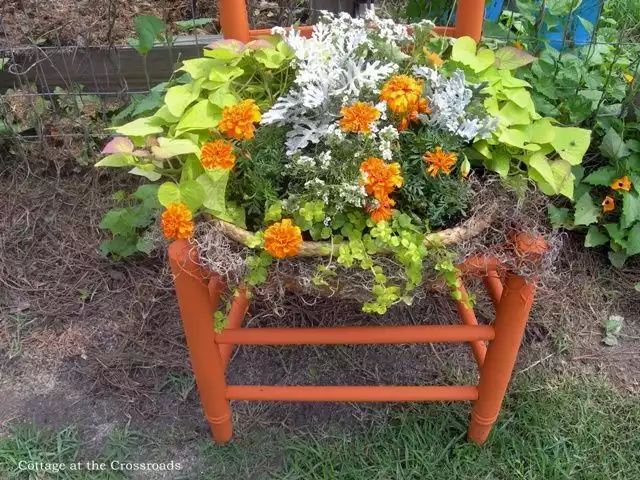 Orange chair turned into a planter