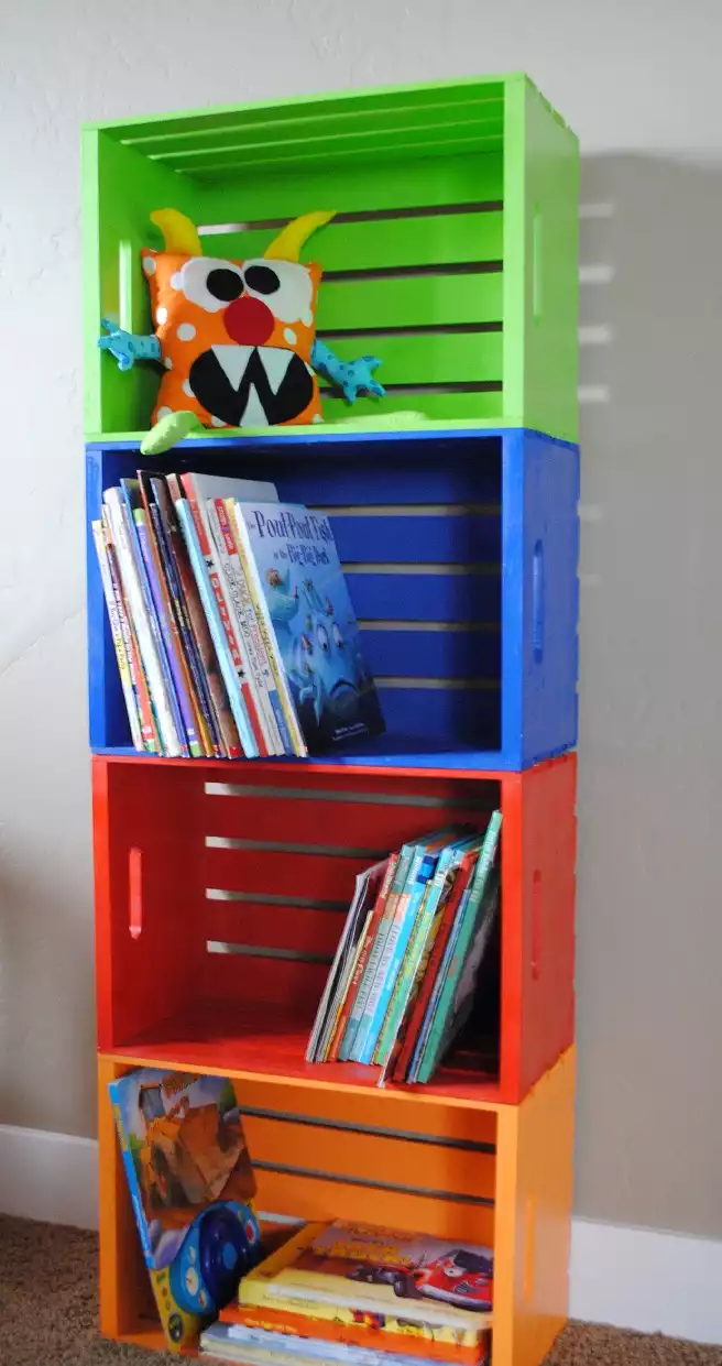 A multicolored shelf tower made of crates