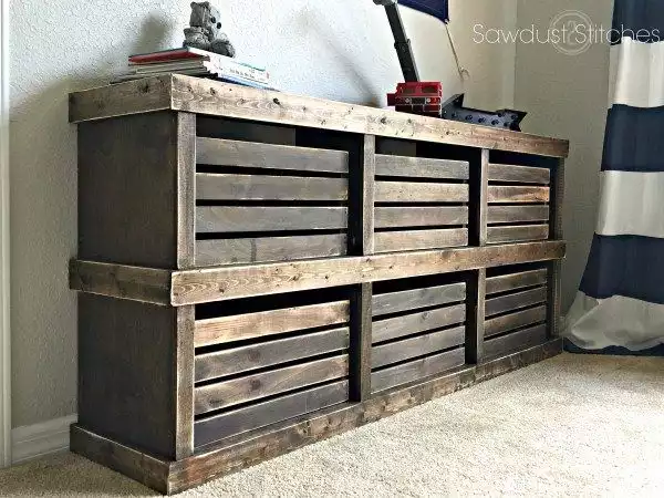 Rustic dresser with open cubbies and crate storage 