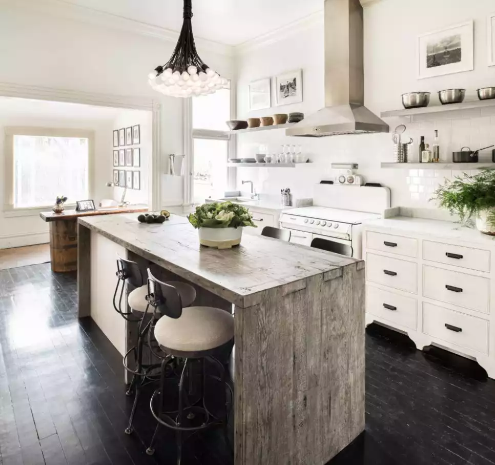 Reclaimed wood kitchen countertop waterfall