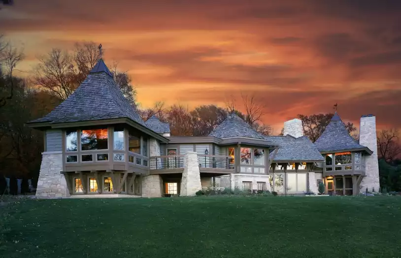 Rustic Lake Home with Multiple Pyramid Roofs