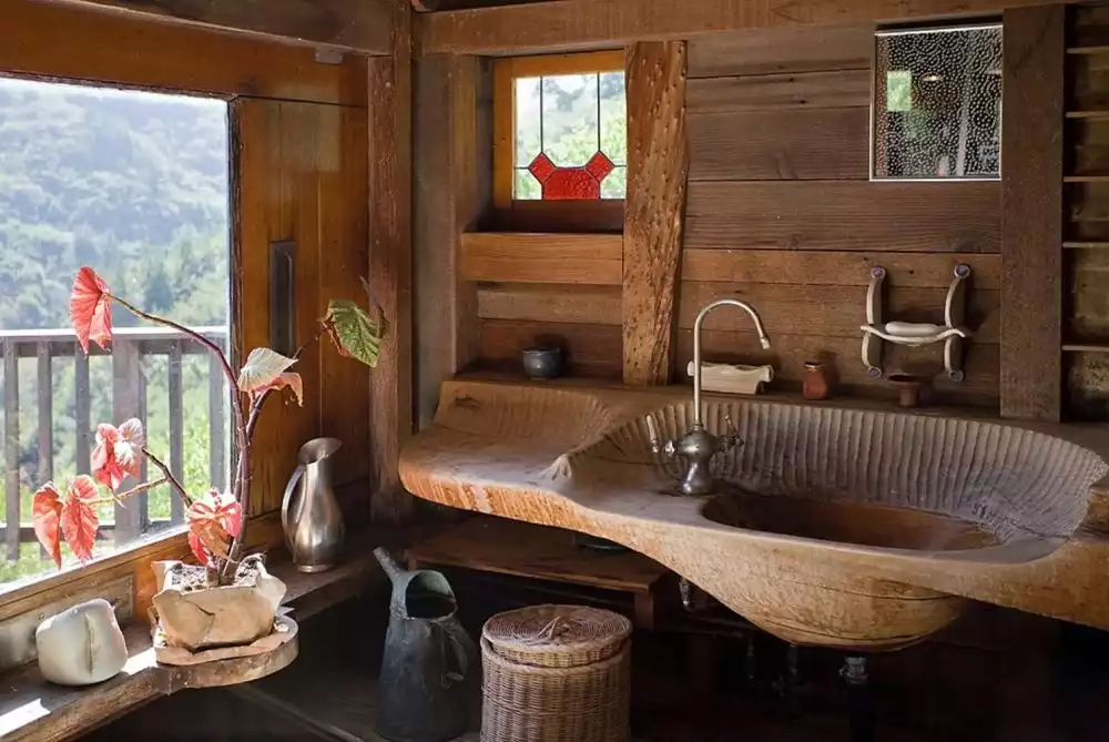 Rustic bathroom vanity with curved lines