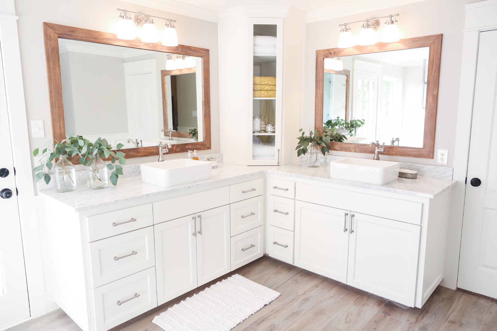 Symmetric Double-Sink Corner Bathroom Vanity