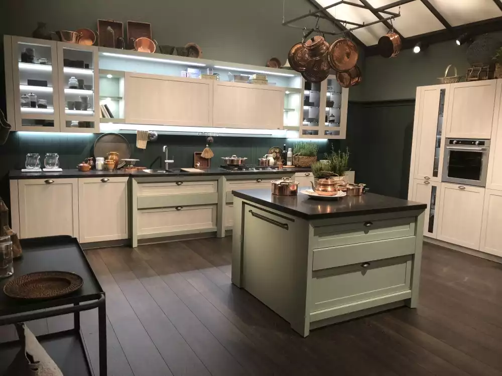 Rustic kitchen layout with hanging pots