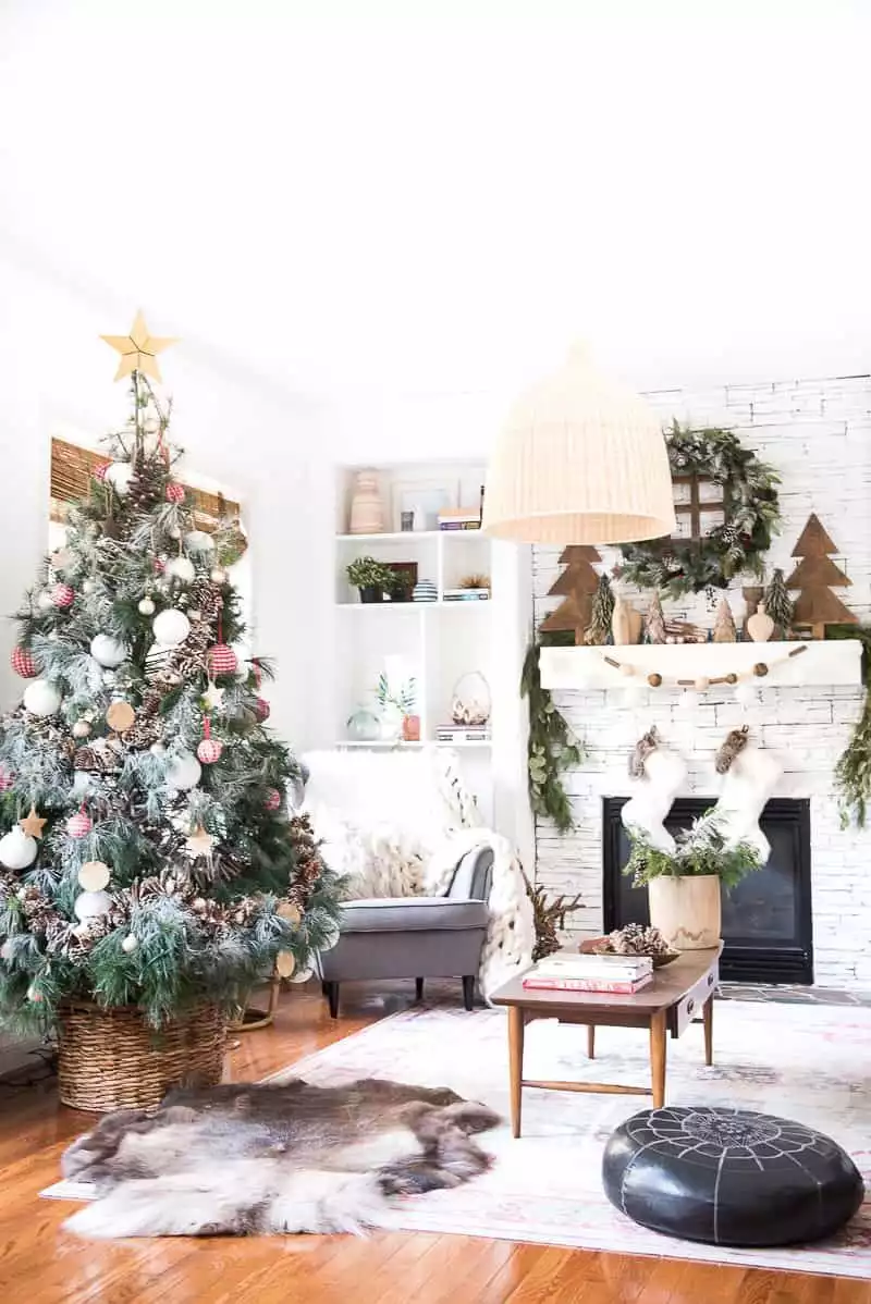 Seasonal Christmas Decor accents on the house - rattan tree base