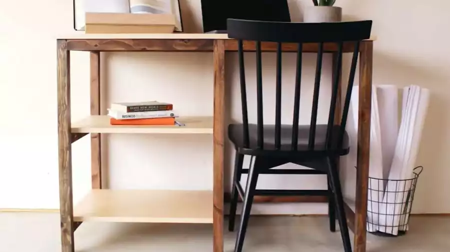 Small desk with open shelf storage