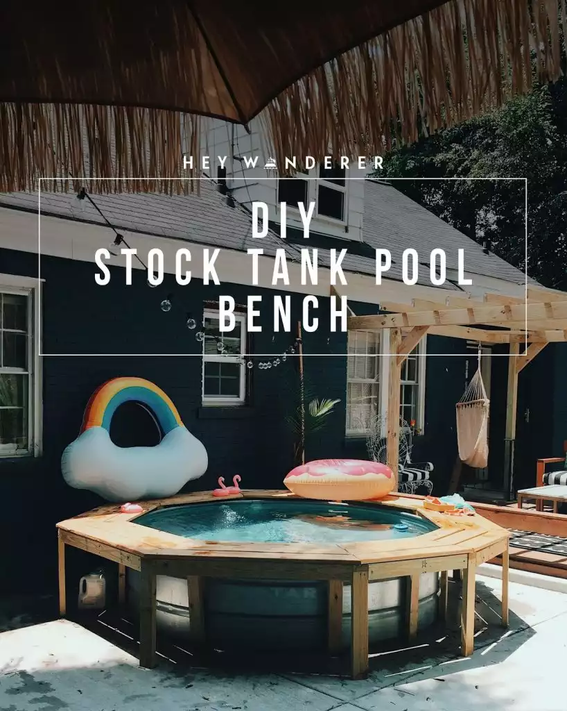 Stock tank pool with wooden frame