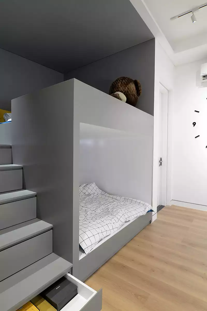 Teenage boy kids room interior - stairs with storage