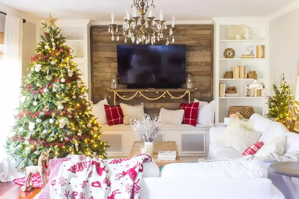 Traditional Simple Home for Christmas Decor - Living room with plank wood wall