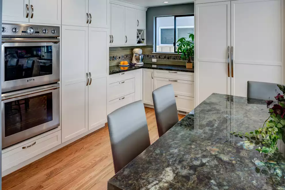 Transitional Kitchen with White Cabinets and Labradorite