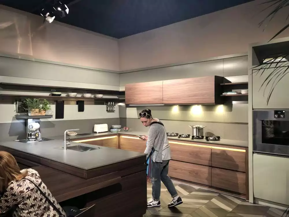 U shaped kitchen design with large cabinets and two colors design