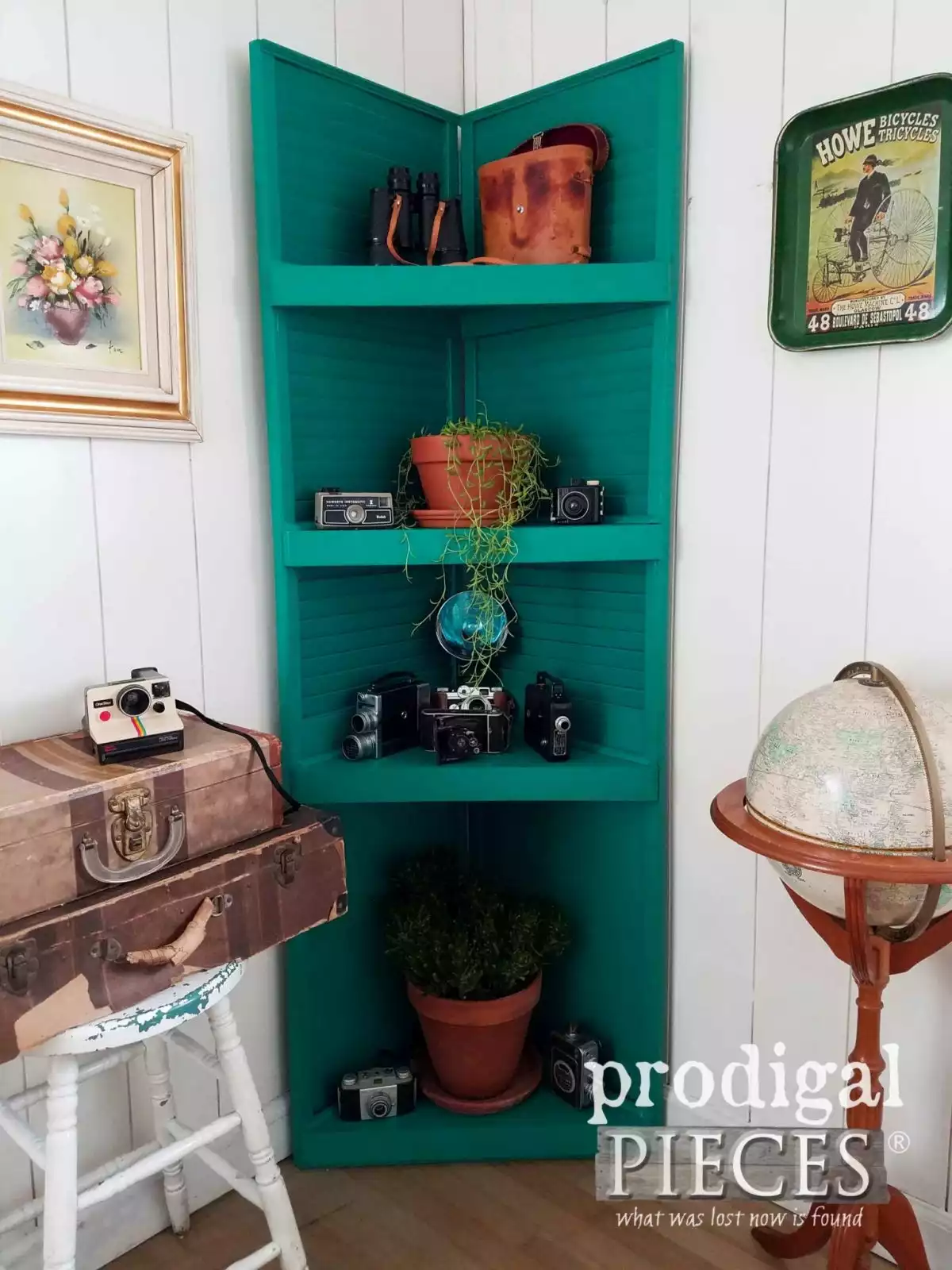 Upcycled green shutters used like shelves for corner