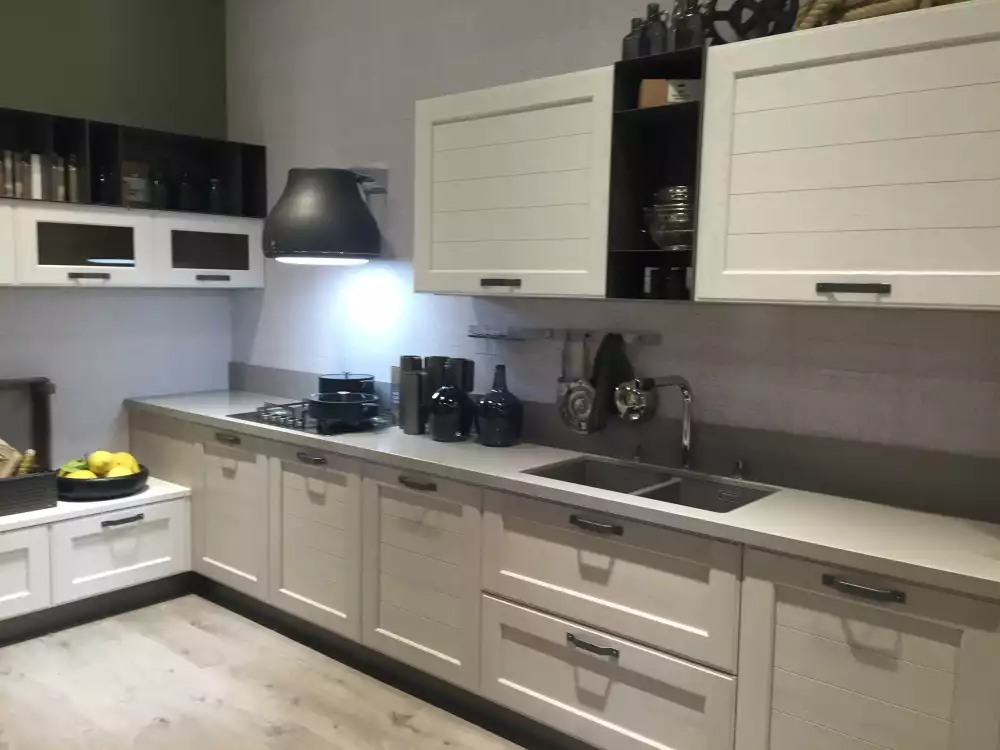 White kitchen cabinets with led light hood