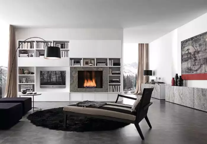 White living room with fireplace