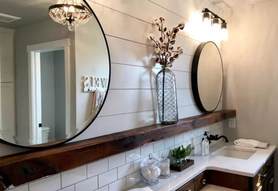 Wood beam farmhouse bathroom decor