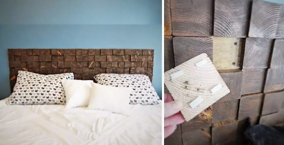 A headboard made of square plywood blocks