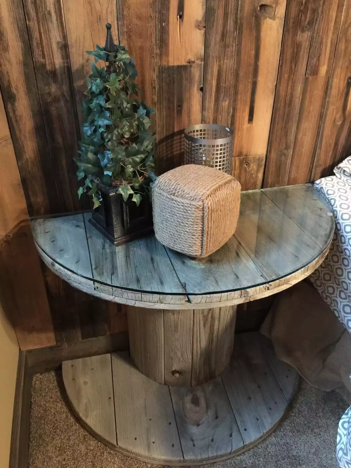 Rustic nightstand made from half of a cable spool