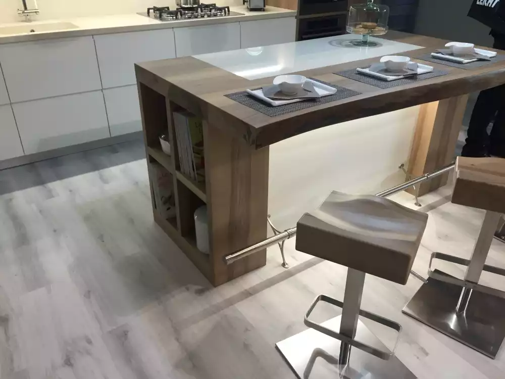 Wood kitchen island with storage and stools