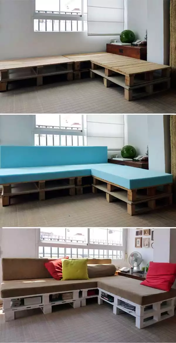 Corner sofa made from shipping pallets