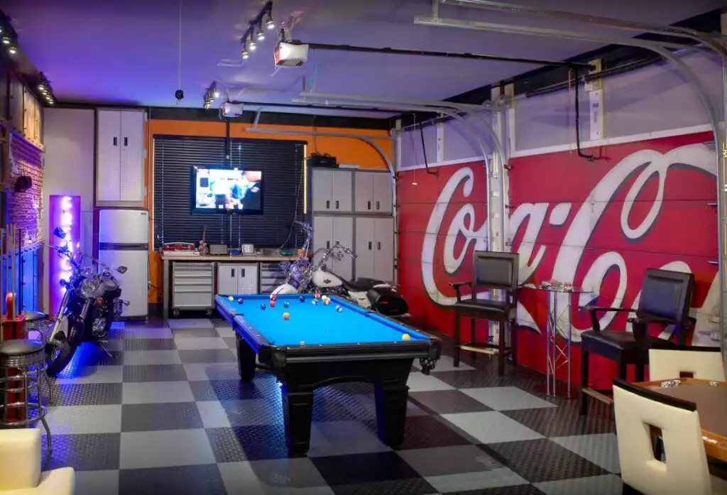 Garage billiards game room with coke sign and motorcycle 1024x697