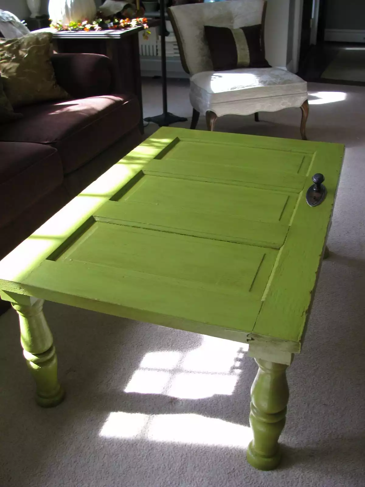 green old door turned into a coffee table