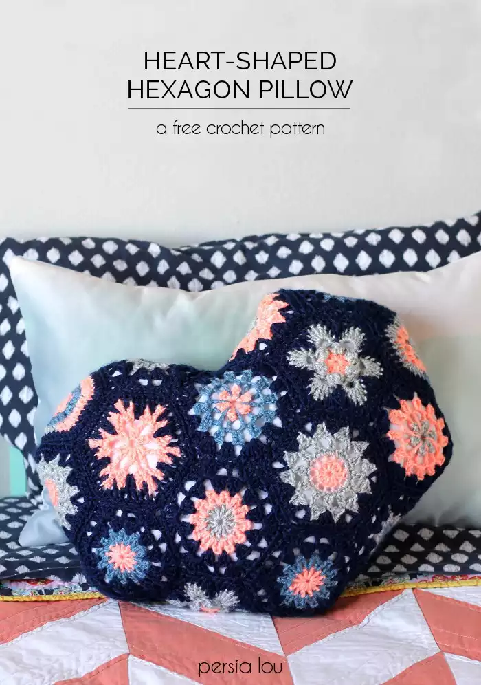 heart hexagon crochet pillow