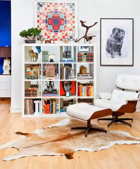 Reading corner and cowhide rug