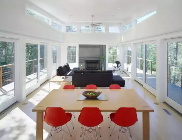 White living room red chairs